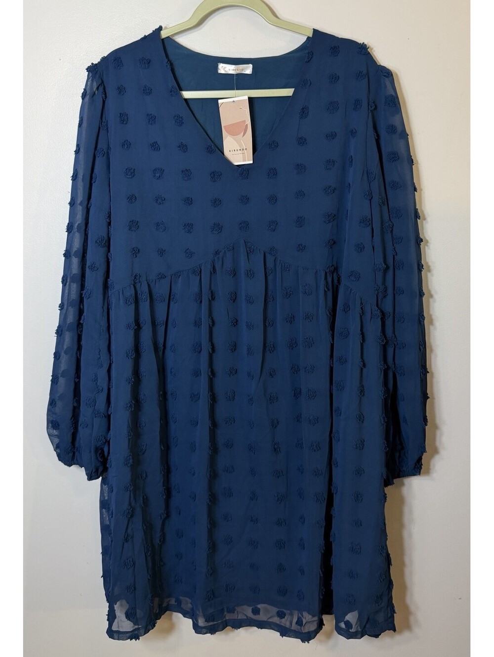 NWT Kirundo Navy Blue Swiss Dot V-neck Babydoll Long Sleeve Mini Dress XL